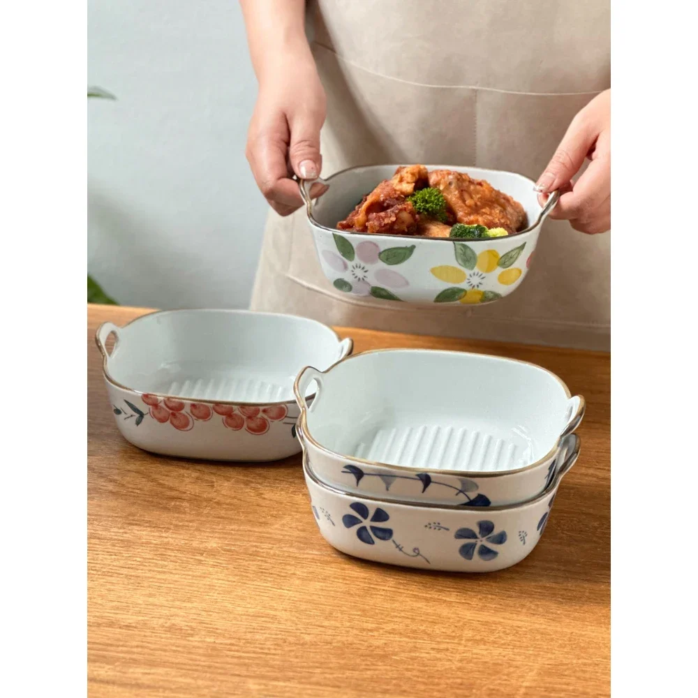 Japanese Style Ceramic Bowl Hand-Painted Plants Double-Eared Household Food Container Vegetables Salad Fried Chicken Bowls