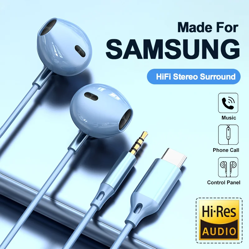 For Samsung Headphones HiFi Surround Sound In-ear USB Type C 3.5mm With Wire Control Wired Earplugs For Galaxy S24 S23 S22 Ultra