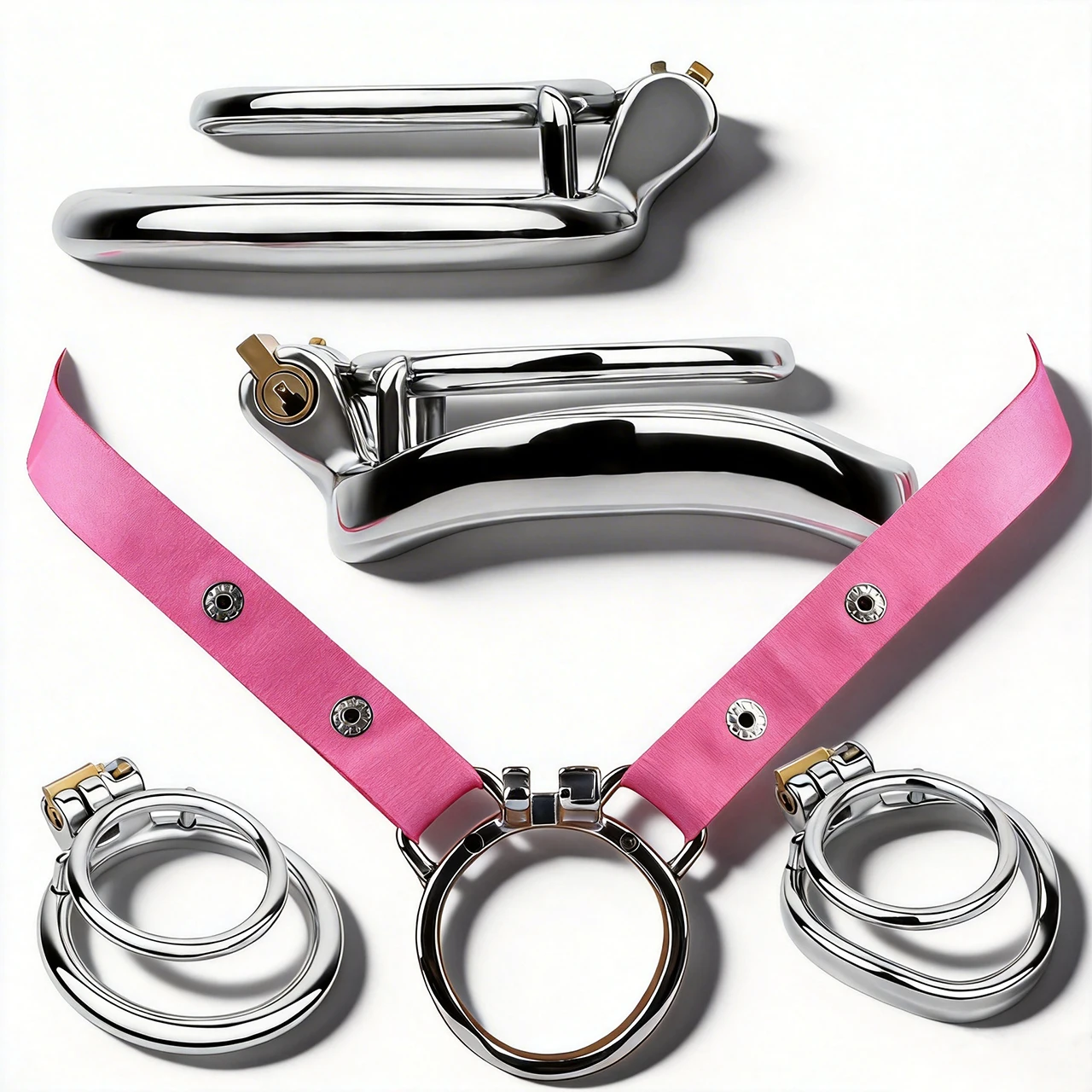 FRRK Circular Lock Ring Style Snug Steel Chastity Cage Sissies Pink Elastic Bondage Belt Penis Resistance BDSM Adult Sex Toys