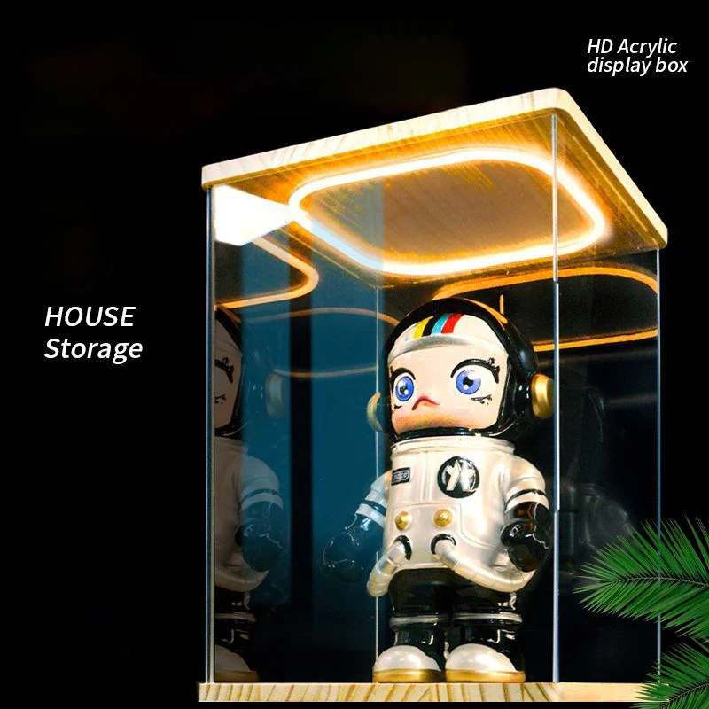 Circular LED Light Wooden Clear Acrylic Display Cabinet for Collectibles, Dust-Proof Display Case with Door for Action Figure