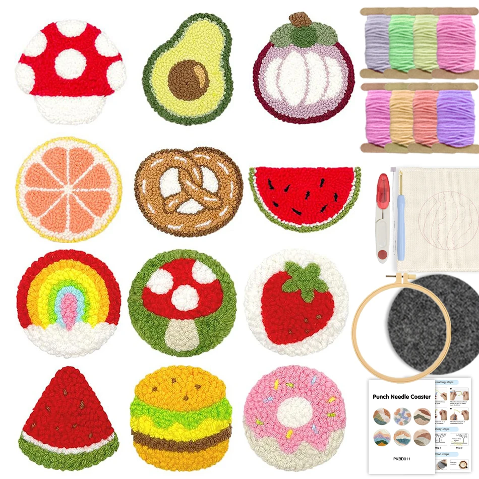 6PCS Set Punch Needle Coaster Kit Fruit Pattern Yarns Embroidery Crafts Coasters for Drinks Tufted Coaster Set Coffee Table Dec