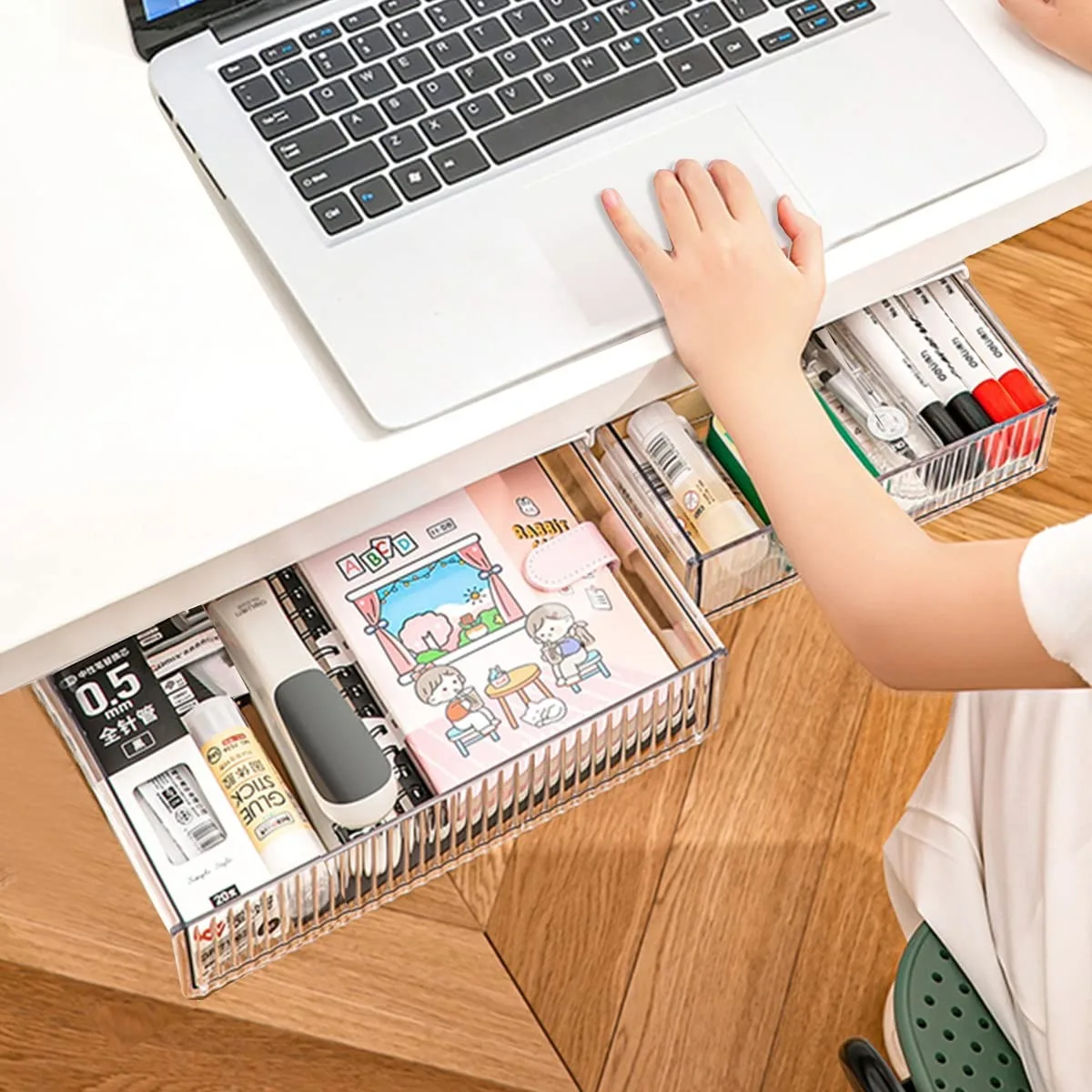 Under Desk Storage Drawer Pull Out Organizer Punch Free Easy Install Hidden Tray Space Saving Sliding Box for Office Workspace
