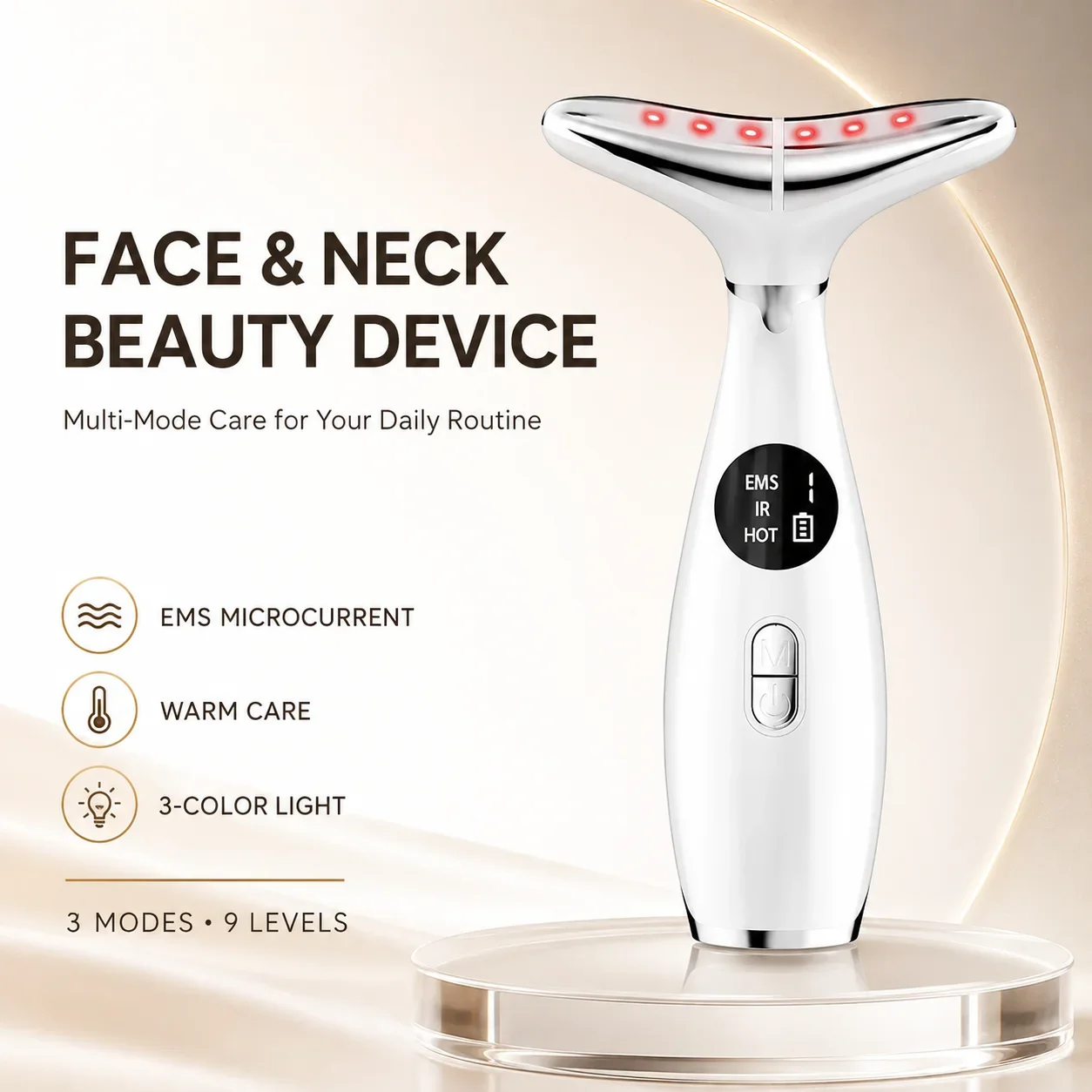 EMS Microcurrent Face & Neck Massager 3 Color Light Heated Sonic Vibration 9 Levels Y Shaped Facial Beauty Device for Women Home