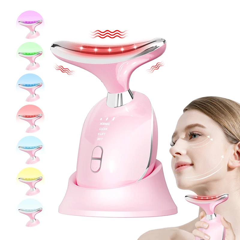 New Face & Neck Massager 4 Modes Wish 7 Color Light Warm Vibration Skin Facial Lifting Device Beauty Massager Suitable for Women