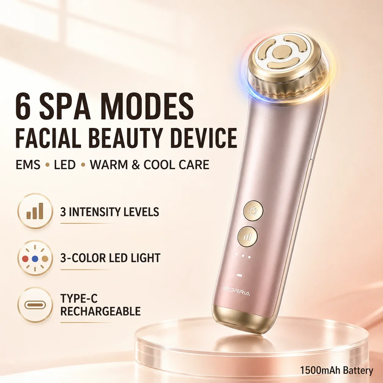 6 Mode Face Eye Beauty Device EMS 90kHz MFIP Warm Cool 3 Color Light 3 Levels Type-C Rechargeable Facial Massager for Home Daily