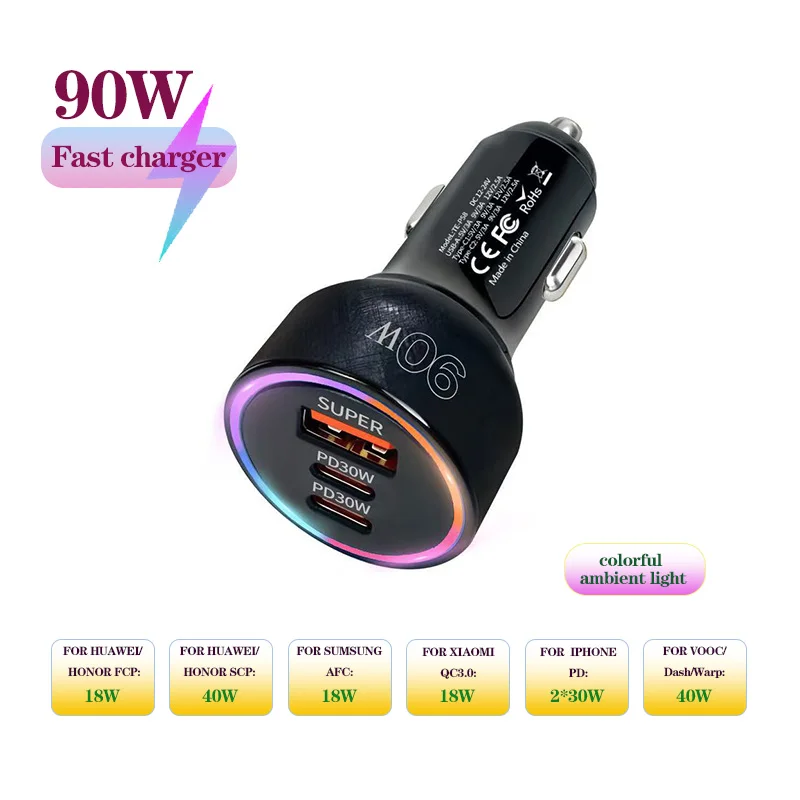 90W 3Port Car Super Fast charger QC3.0+2xPD30W for HUAWEI/iPhone/Samsung/Xiaomi/Vivo fast charging cigarette lighter adapter