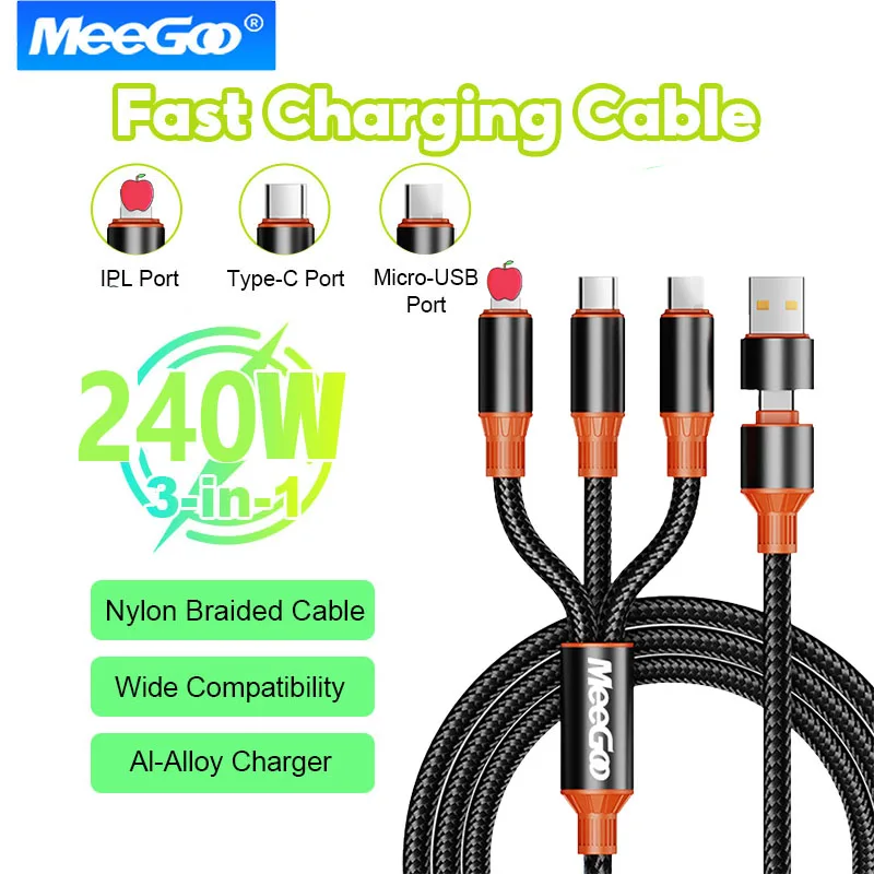 240W 3 in1 Charging Cable Multi Usb Port Multiple Usb Charging Cord Type C Micro Charger Mobile Phone Wire For iPhone  Android
