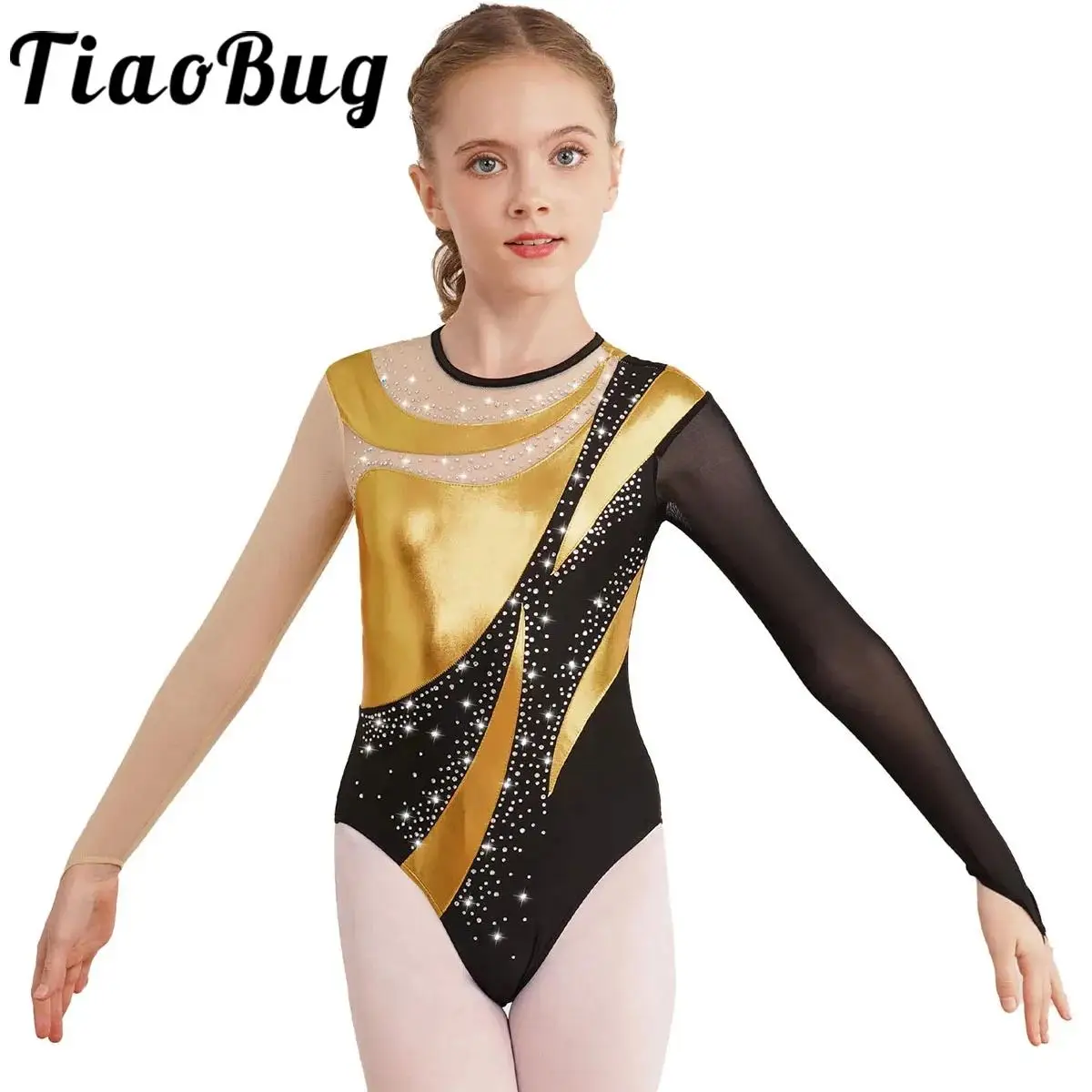 Kids Girls Gymnastics Leotards Bronzing Mesh Long Sleeve Ballet Bodysuit Metallic Contrast Figure Ice Skating Jumpsuit Unitards