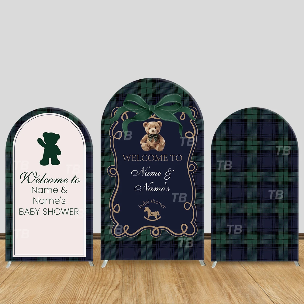 Teddy Bear Plaid Theme Arch Backdrop Cover Green Bow Cartoon Background For Kids Birthday Baby Shower Party Decoration