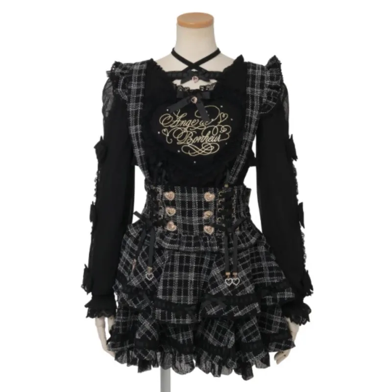 Japanese Sweet Gothic Lolita Outfit Women Black Plaid Tweed Lace Trim Heart Button 3-Piece Set