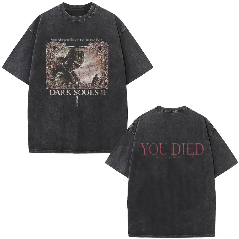 Washed Vintage Game Dark Souls Graphic T Shirts Men Women 90s Retro Gothic Rock Oversized T-shirt Male Punk Harajuku T-shirts