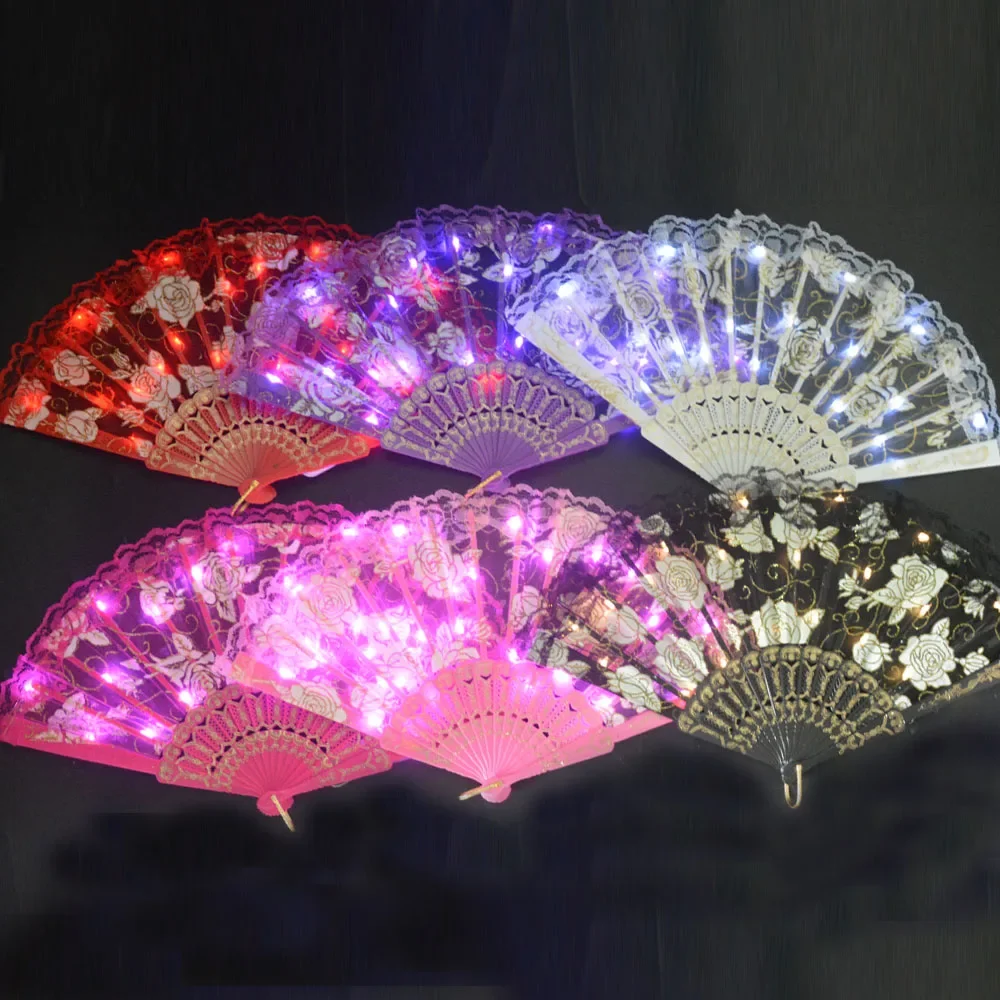 Rose Lace Floral LED Glow Light Up Hand Fan Dance Show Church Birthday Gift  Luminous Bar Props Neon Party Wedding Festival