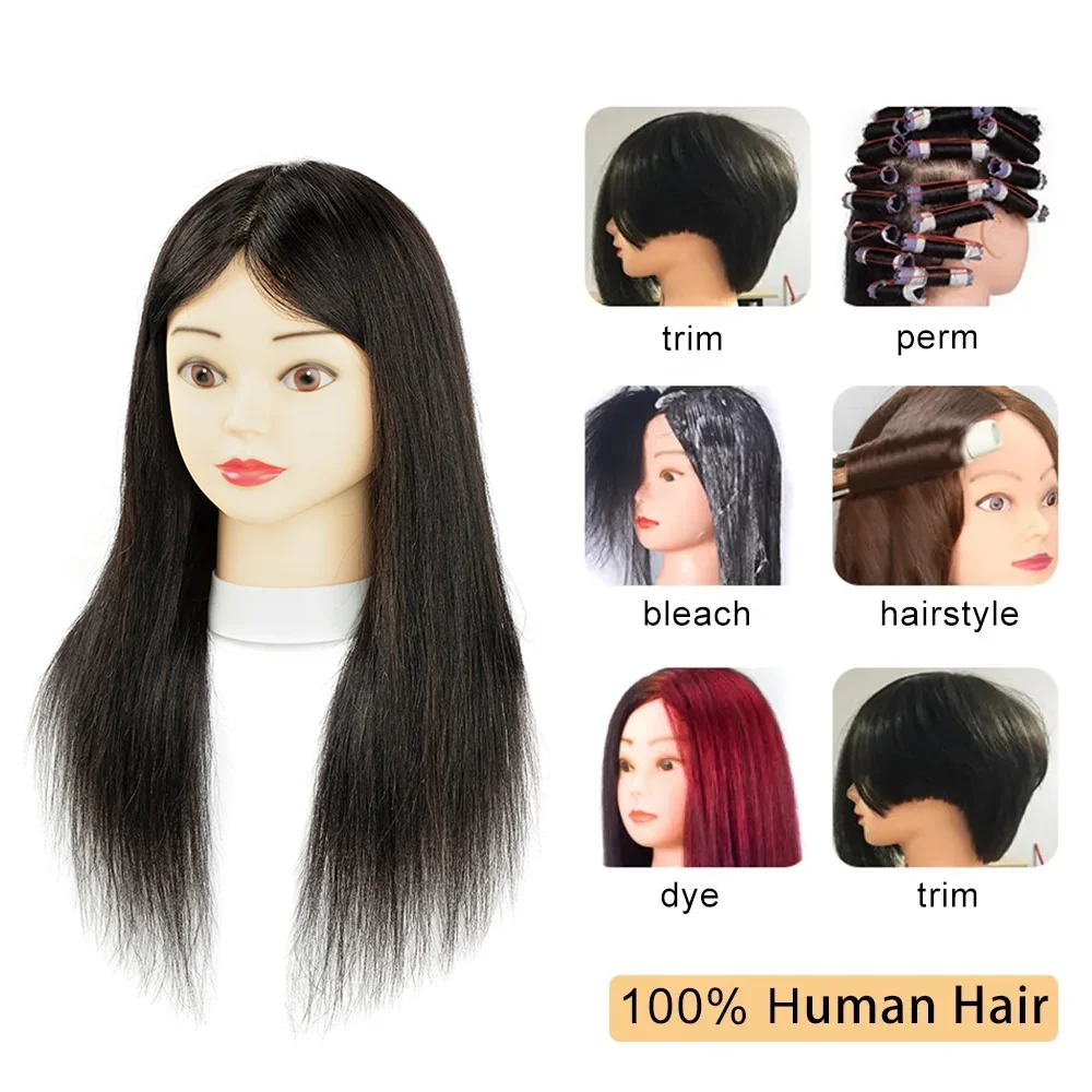 100% Human Hair Mannequin Head Professional Training Model for Hair Dye Bleach Hot Roll Styling Salon Practice