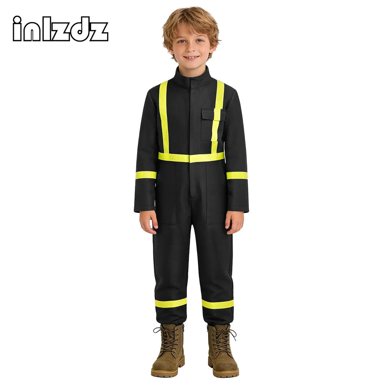 Boys Work Coveralls Dustproof Mock Neck Long Sleeve Work Reflective Strips Safety Overalls Mechanics Jumpsuit Working Uniform