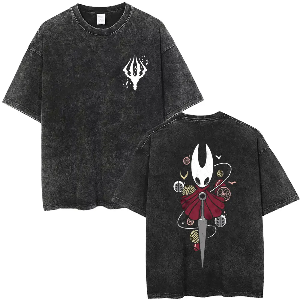 Washed Vintage Game Hollow Knight Double Sided Print T-shirt Fans Gift Men Women Fashion Casual Oversized Short Sleeve T Shirts