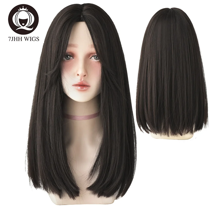 7JHH WIGS Long Straight Middle Part Synthetic Wig Daily Wear Non-Reflective Black Light Brown Wigs For Women Heat-Resistant Wig