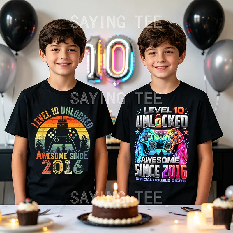 Level 10 Unlocked Since 2016 Video Gamer Awesome T-Shirt Sons Nephews 10th Birthday Gift Game Controller Born in 2016 Saying Tee