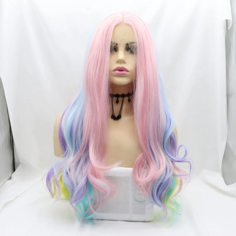 Hand-woven lace front Halloween synthetic wig with colorful large wavy long curls and comfortable rose net cap