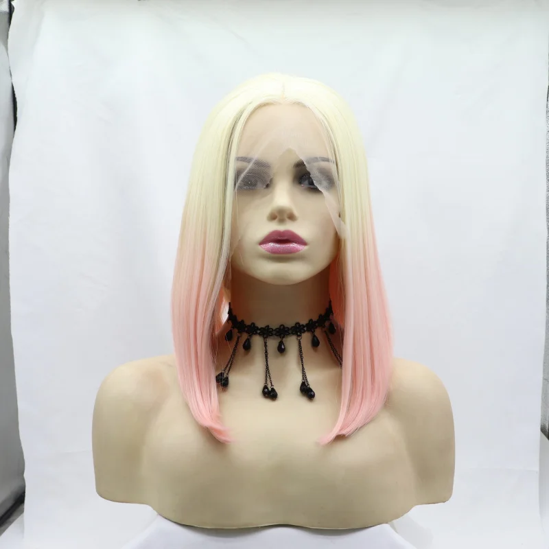 Front lace synthetic wig for women, matte high-temperature fiber, golden gradient color, collarbone-length short straight hair