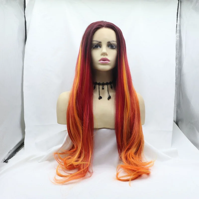 Synthetic fiber front lace wig, Japanese silk, women's long curly hair, gradient color, large waves, hand-woven headpiece