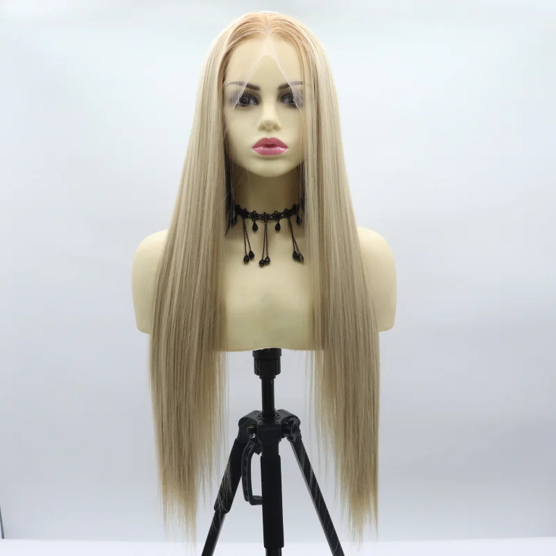 Hand-crocheted front lace 13*6 large-area synthetic fiber wig for women, gradient golden color, middle-parted long straight hair
