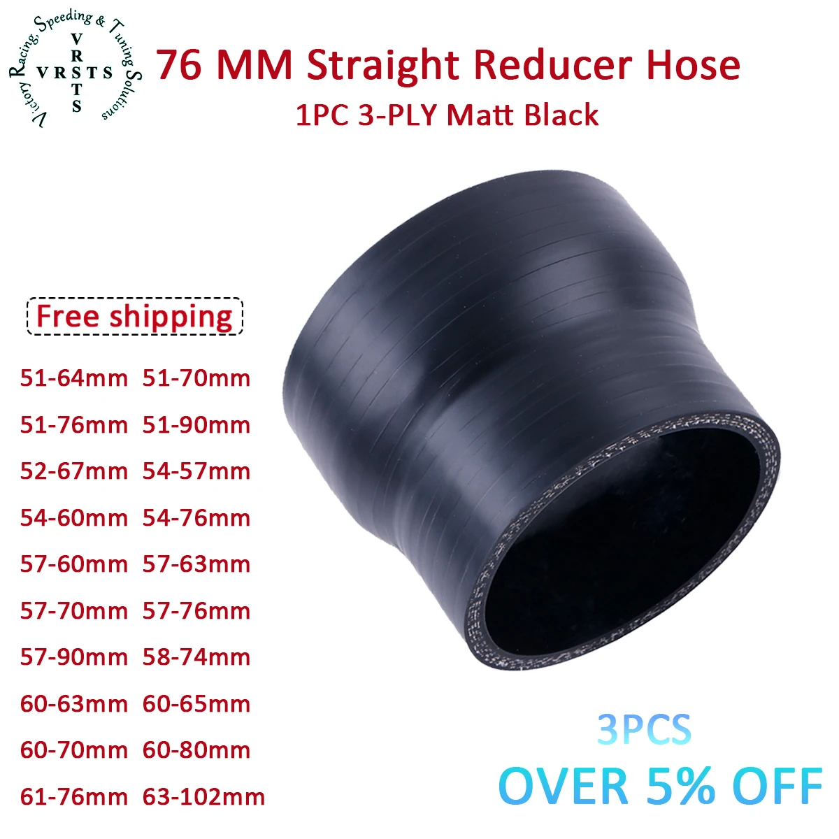3PLY 76mm Length Silicone Straight Reducer Coolant Intercooler Hose ID 51 52 54 57 58 60 61 63 65 67 70 74 76 MM 1PC Matt Black
