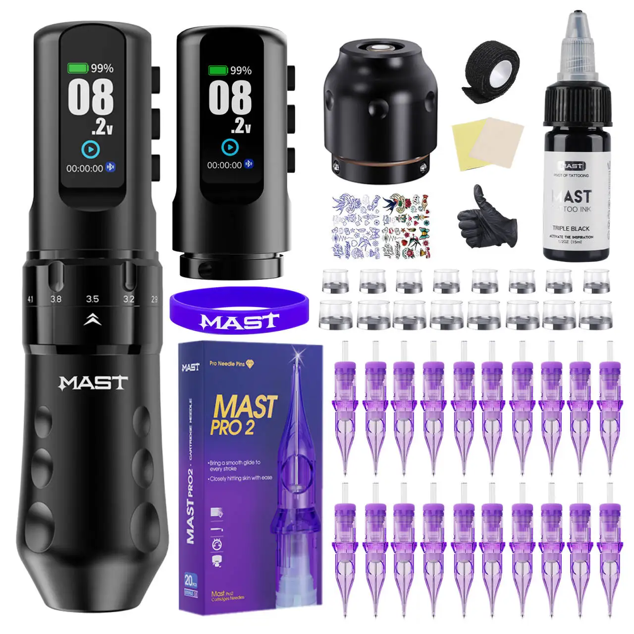Mast Flip 4 Pro Tattoo Kit Full Set Wireless 7strokes(2.5-4.5mm) 2 Batteries 2000mAh for Lining Shading Coloring Tattoo Supplies
