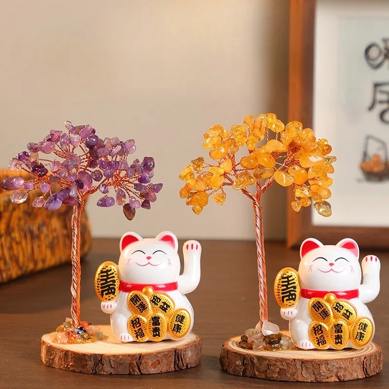 Crystal Money Tree Ornament Solar-powered Automatic Waving Hand Lucky Cat Decorations Home Entryway Office Desk Handicrafts