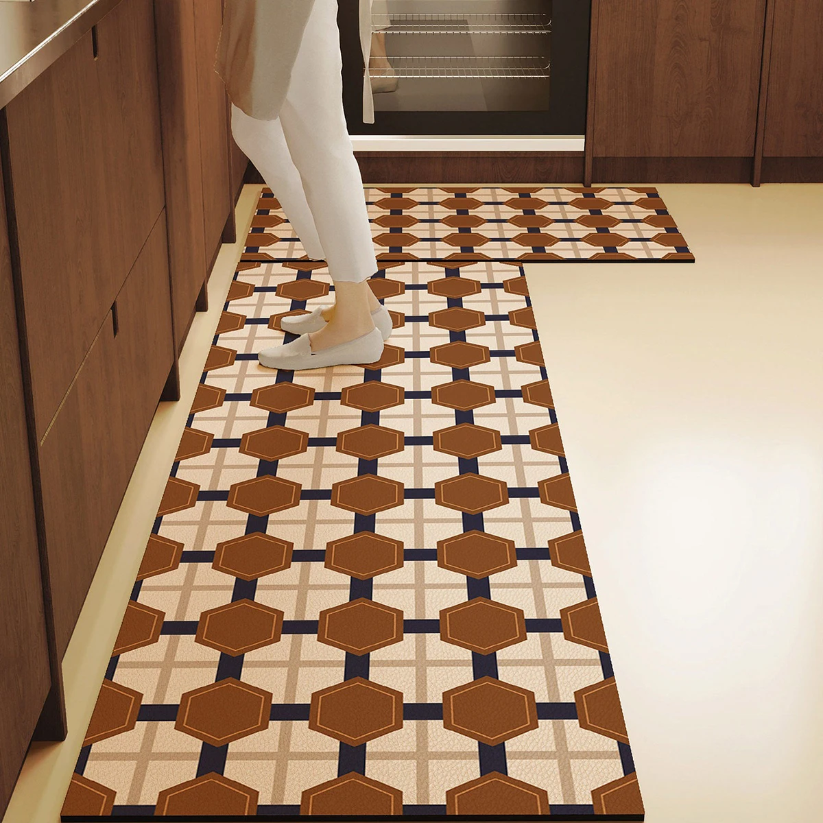 Retro Kitchen Carpet Geometric Pattern Home Decoration Mat Non-slip Rug PVC Waterproof Oil-proof Washable Floor Mats שטיח למטבח