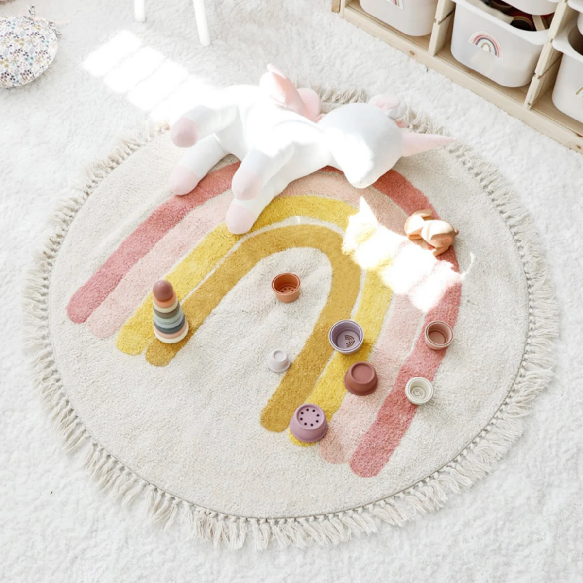 Cute Round Rug Bedroom Tassel Carpet Mat Bedside Kids Room Ddecoration Cartoon Floor Mats Home Soft Machine Washable Area Rugs