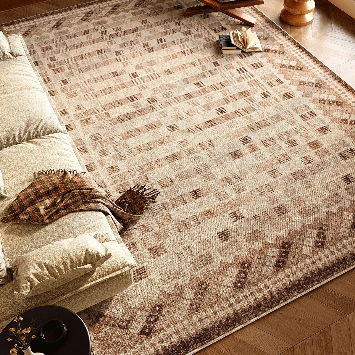 Retro Geometric Pattern Large Carpet for Living Room Decoration Mats Short Plush Bedroom Bedside Rugs Non-slip Floor Mat Tapete