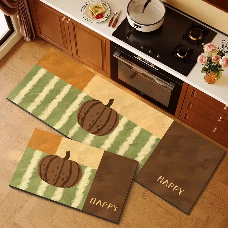 Cartoon Pumpkin Retro Rugs Non-slip Kitchen Floor Mat Oil-proof Waterproof Carpet PVC Leather Washable Rug Home Decoration Mats