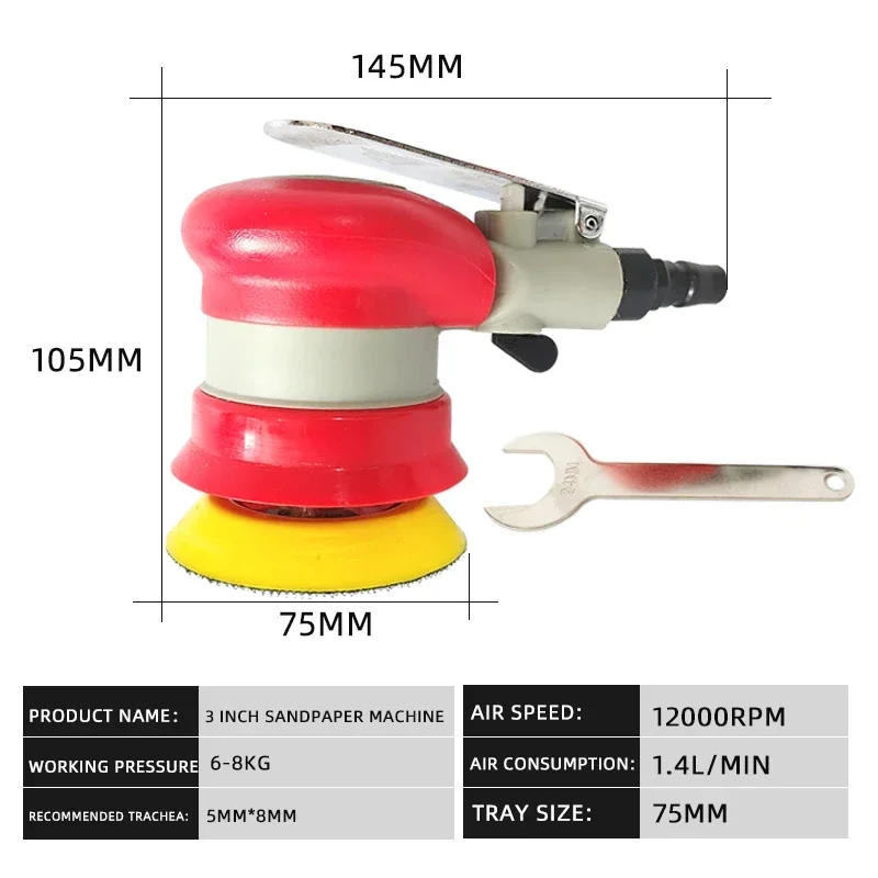 75mm 3 Inch Random Orbital Pneumatic Sander, Air Powered Dry Sanding Machine for Auto Finishing, Wood Grinding & Polishing