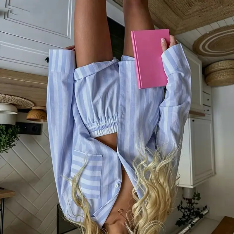 New Striped Pajama Women's Autumn Polyester-cotton Comfortable Long-sleeved and Short-sleeved Cross-border Women's Home Wear Set