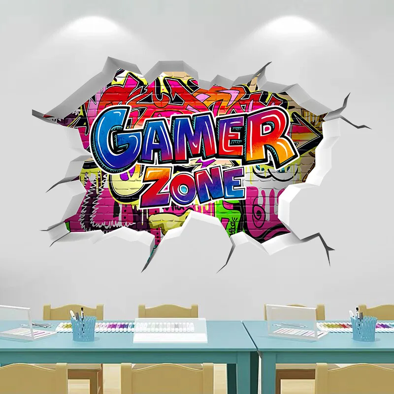 Cool Gamer Broken Wall Art Vinyl Anime Poster Stickers for Kids Room Boy Bedroom Game Zone Home Decoration Cartoon Play Mural