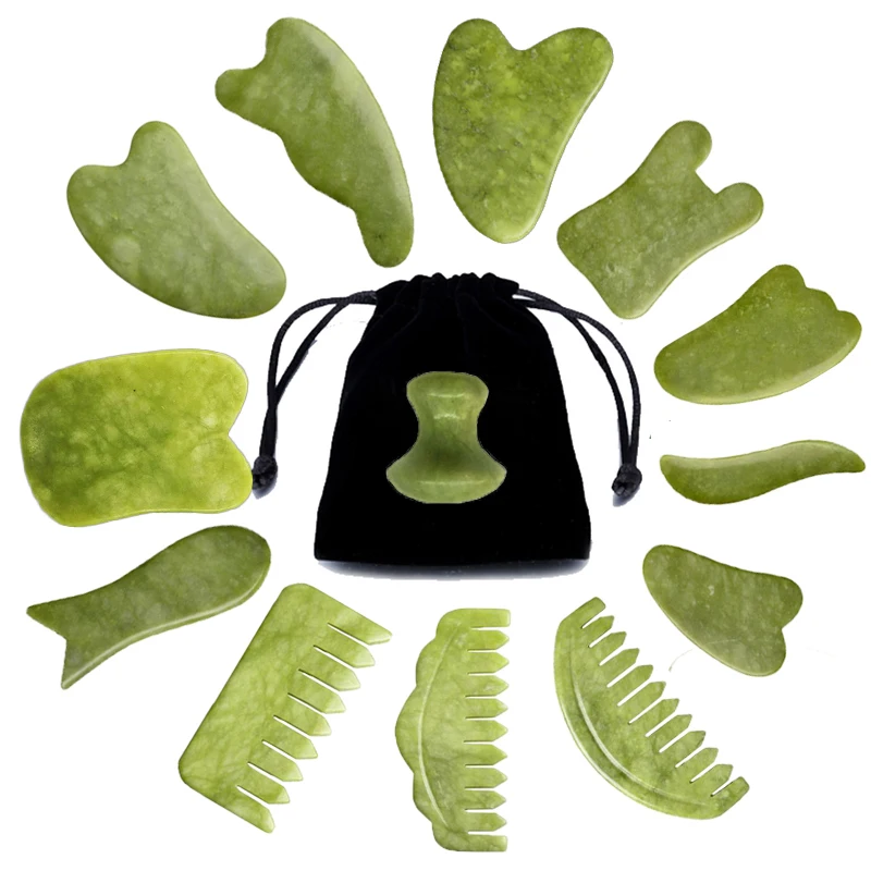Natural Gua Sha Jade Stone For Face Guasha Massage Tools Body Acupuncture Stick Beauty Gouache Scraper With Black Velvet Bag