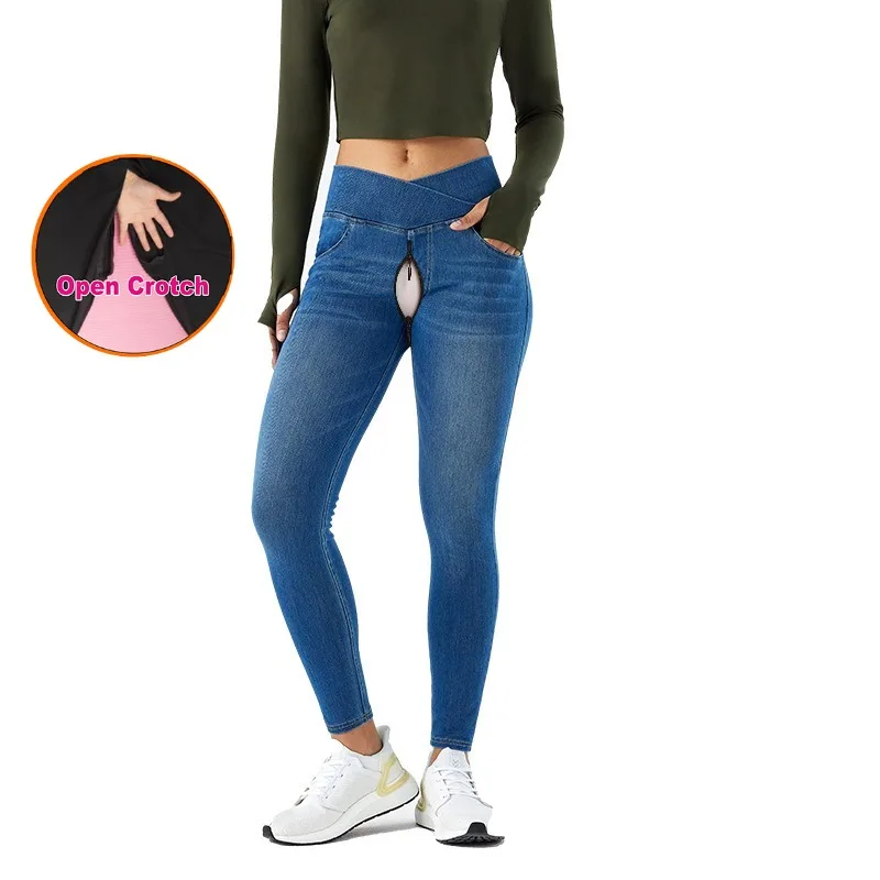 Women's Invisible Zipper Crotch Open Crotch Yoga Jeans Women's Easy Dating High Waist Cross Skinny Elastic