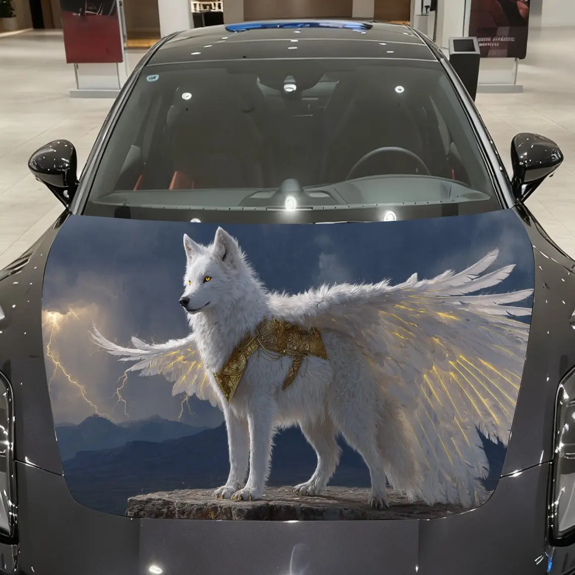 Majestic Golden-armored Flying Wolf Pattern car hood stickers, waterproof self-adhesive, scratch resistant, easy to stick, durab