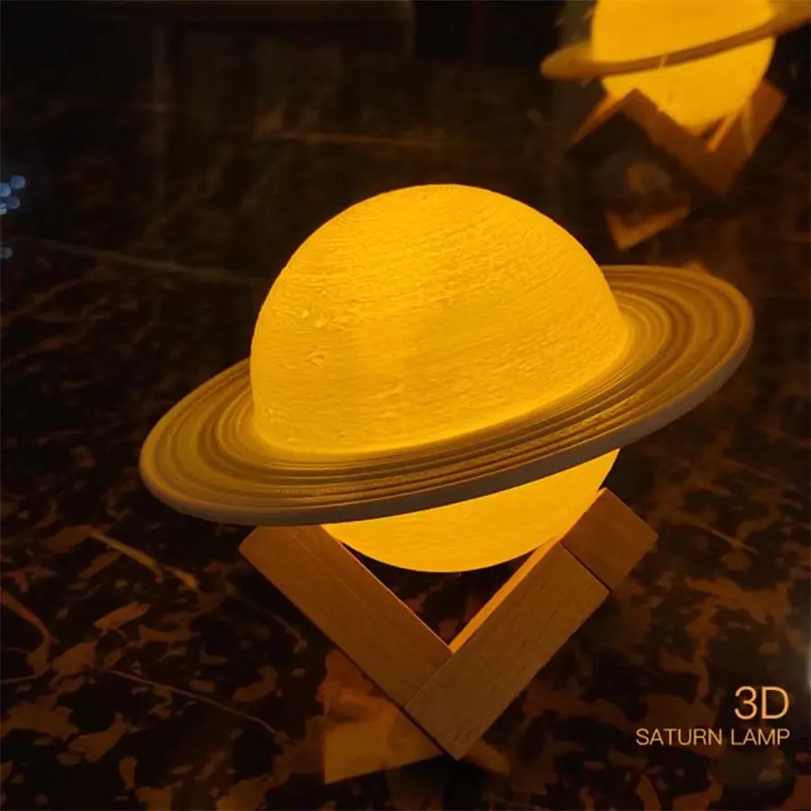 Saturn Moon Lamp 3D Printed LED Night Light with Wood Stand Rechargeable Dimmable Planet Lamp for Home Decor Gift for Kids
