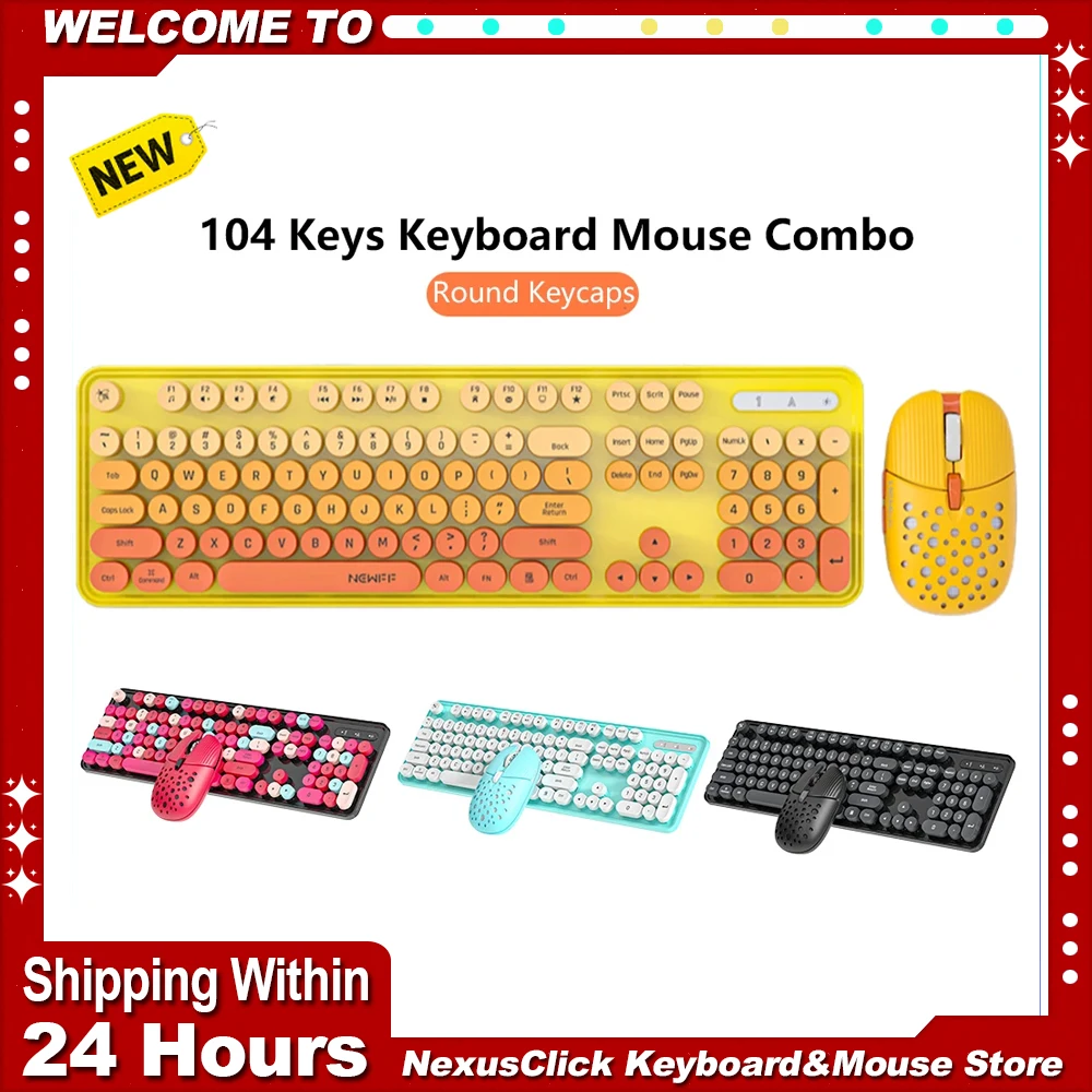 Colorful Wireless Keyboard And Mouse Combo,Ergonomic Typewriter Retro Round Keycap Keyboard&Mouse Set For Windows Laptop Desktop