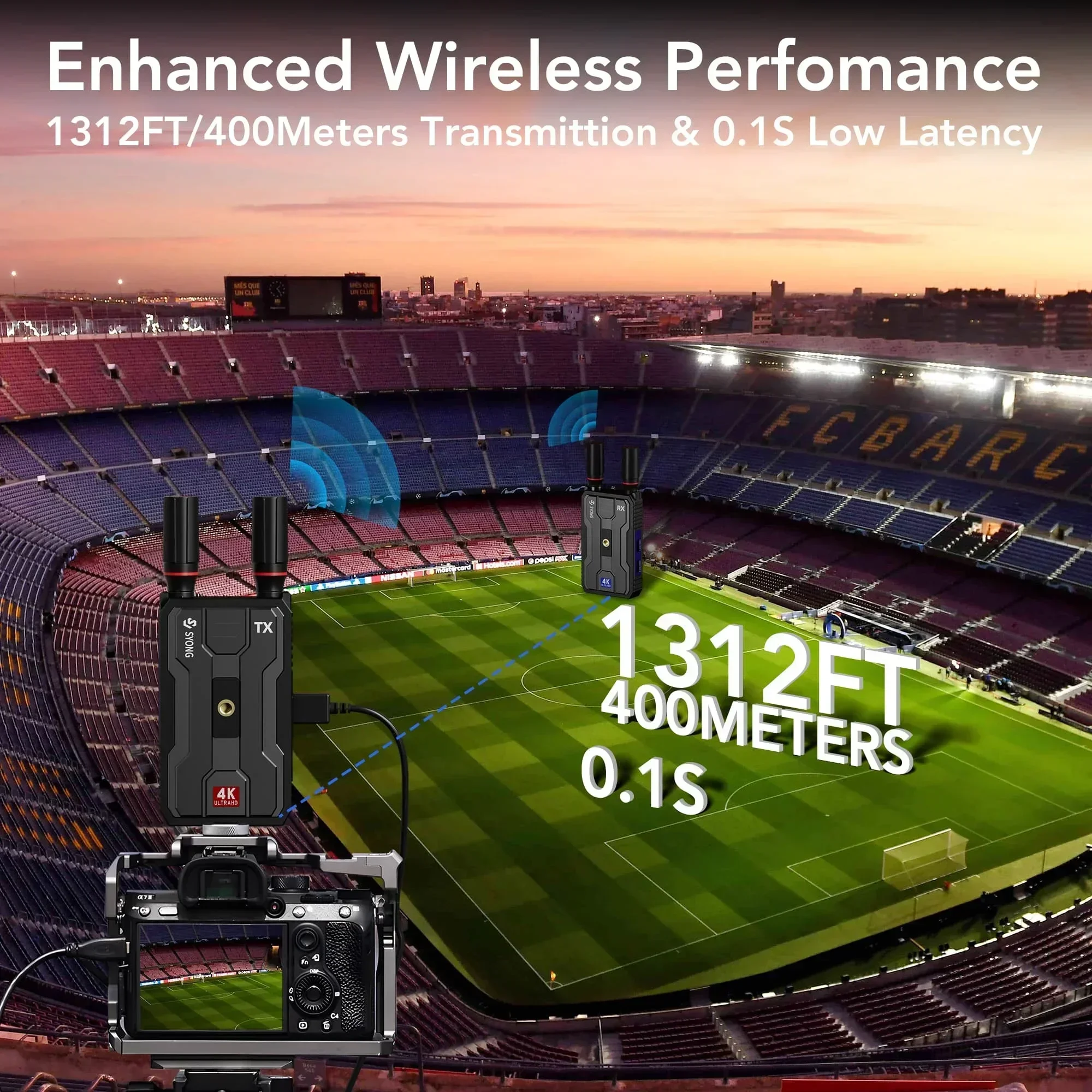 In stock  SYONG Wireless HDMI 4K Transmitter Tx Rx 400m Extender 1312FT Support 2.4G/5G Outdoor Shooting with Battery for Cam