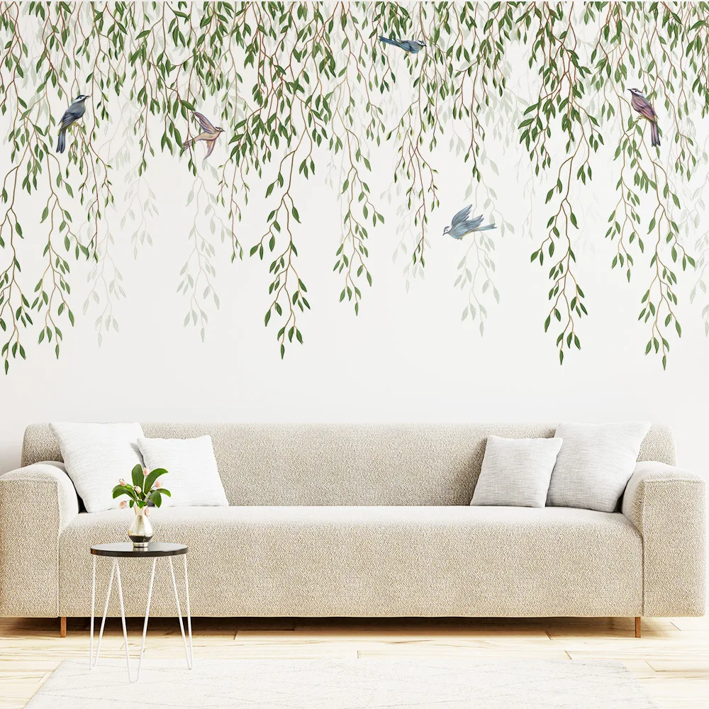 M169 Green Leaf Bird Plant  Wall Sticker Kids Room Background Home Decoration Mural Living Room Wallpaper Funny Decal