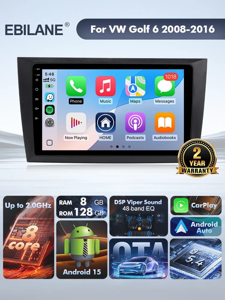EBILAEN Android 15 Car Radio For Volkswagen VW Golf 6 MK6 GTI 2008-2016 Wireless Carplay Auto Radio Car Multimedia OTA 2 Din