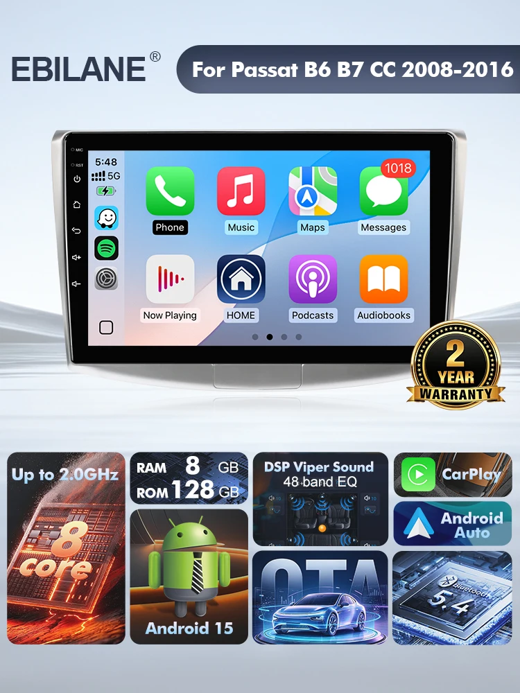 EBILAEN Android 15 Car Radio  For Volkswagen VW Passat B6 B7 CC 2008-2016 Wireless Carplay Auto Radio Car Multimedia OTA 2 Din