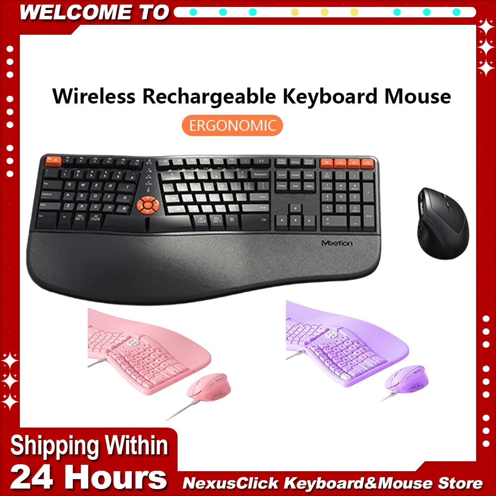Ergonomic 2.4G & Bluetooth Wireless Keyboard Comfortable Natural Typing Palm Rest Mouse Multi-Device Rechargeable Keyboard