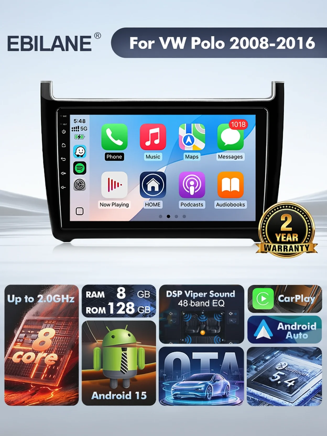 EBILAEN Android 15 Car Radio For VW polo 5 sedan 2008 2009 2010 -2016 Wireless Carplay Auto Radio GPS Car Multimedia OTA 2 Din