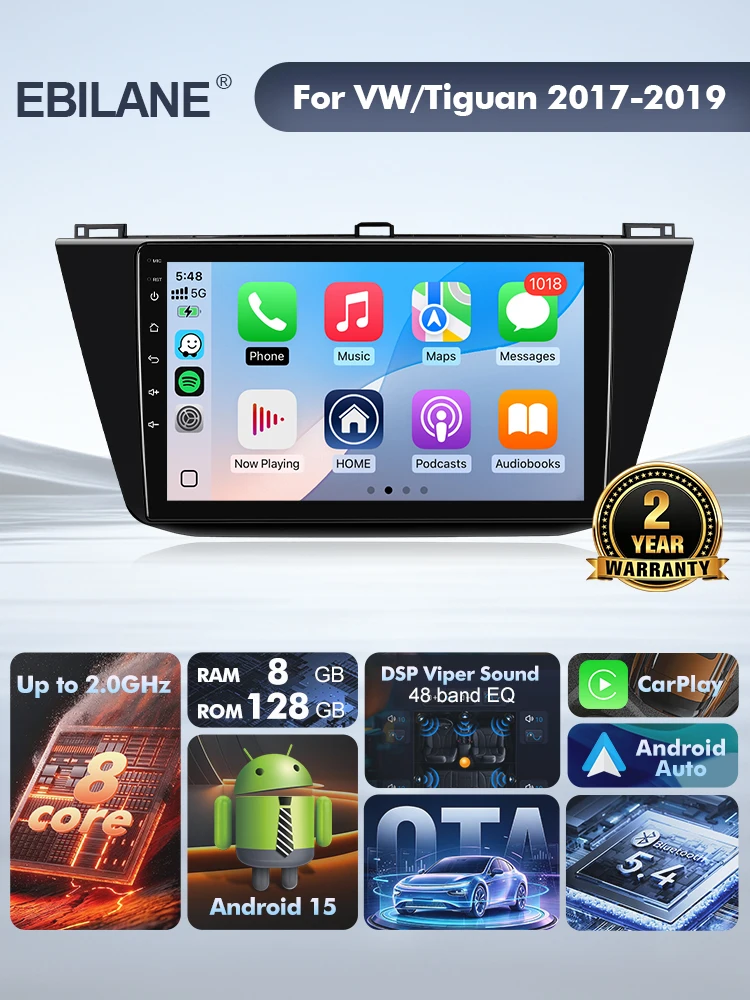 EBILAEN Android 15 Car Radio For Volkswagen Tiguan 2 Mk 2017-2019 Wireless Carplay Auto Radio Car Multimedia OTA 2 Din 8 core