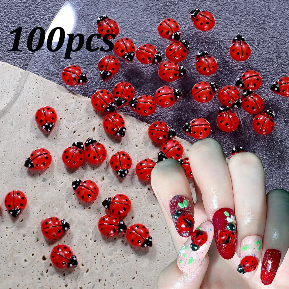 50/100pcs Resin Mini Red Beetle Nail Charms 8*10mm 3D Cute Ladybug Nail Art Decorations Y2K Beetle Insect DIY Nail Scrapbook Dec