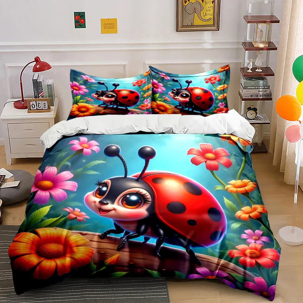 Cute ladybug with vibrant flowers Pattern Duvet Cover Set Digital Print Colorful Polyester Bedding with Zipper Closur for gifts
