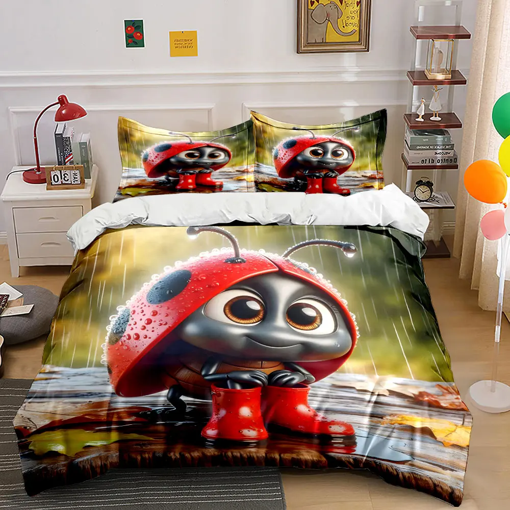 Cute ladybug wearing rain boots Print Bedding Set 1 Duvet Cover 2 Pillowcases for Adult and Children Luxury Gift Full Size
